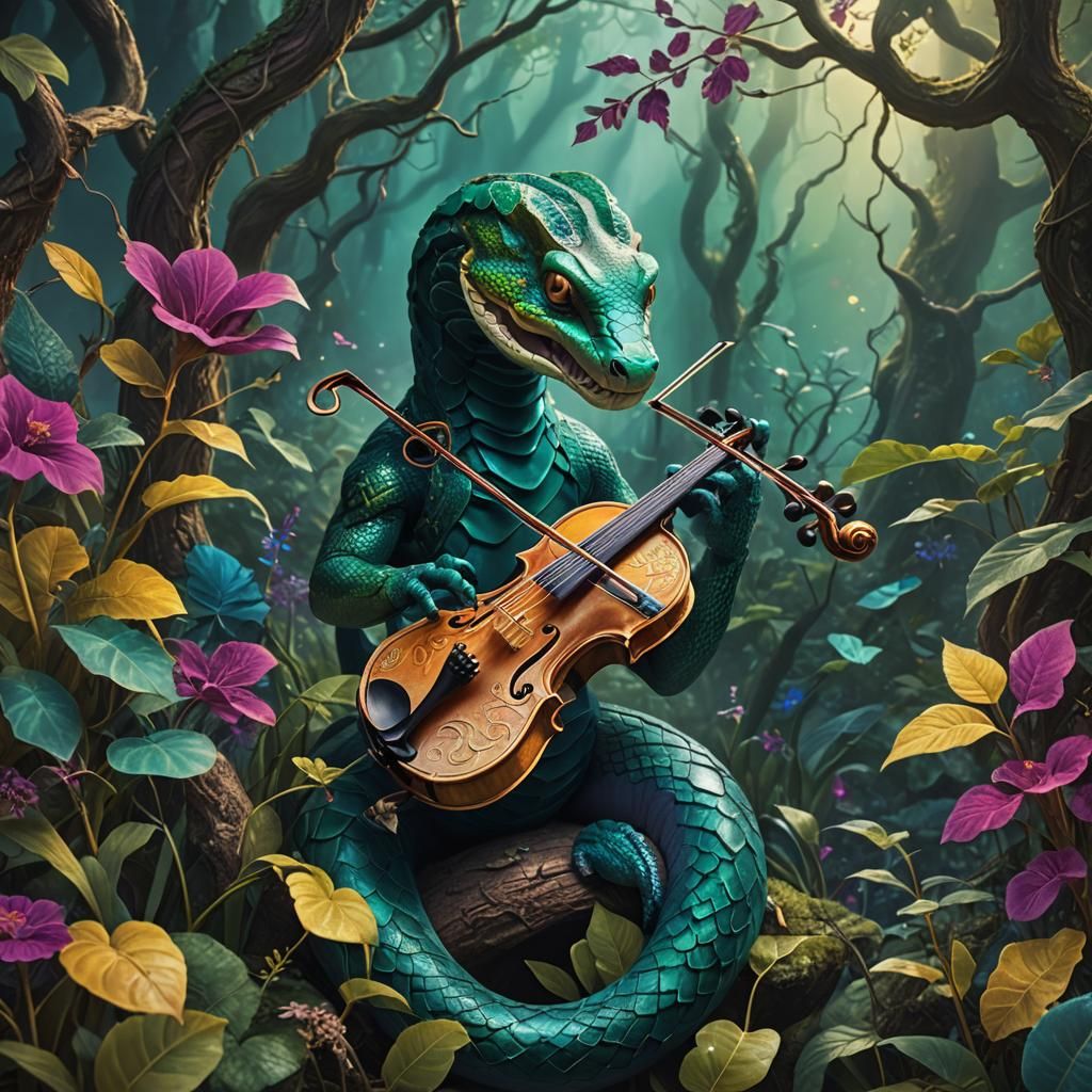 Emerald Snake Plays Violin in Mystical Forest