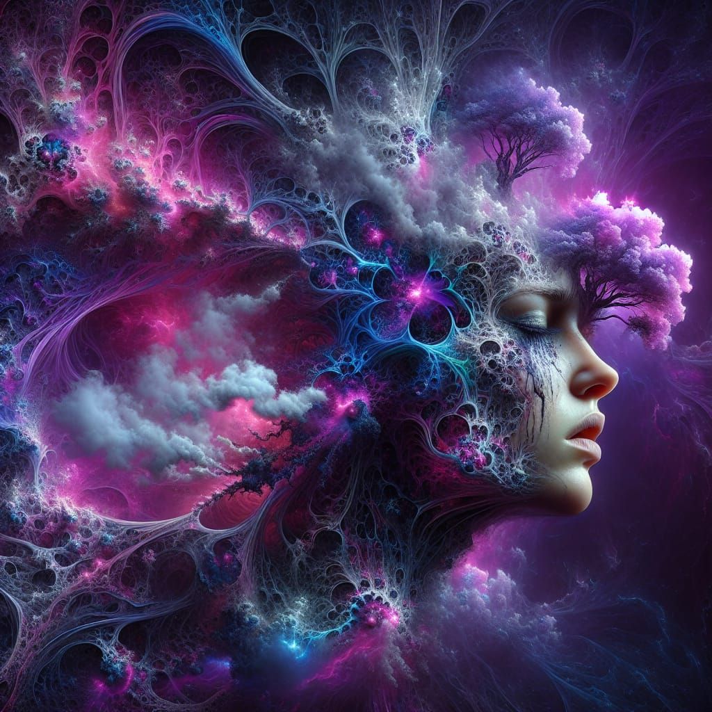 women with a tree and a lots of violet, blue and pink fracta...