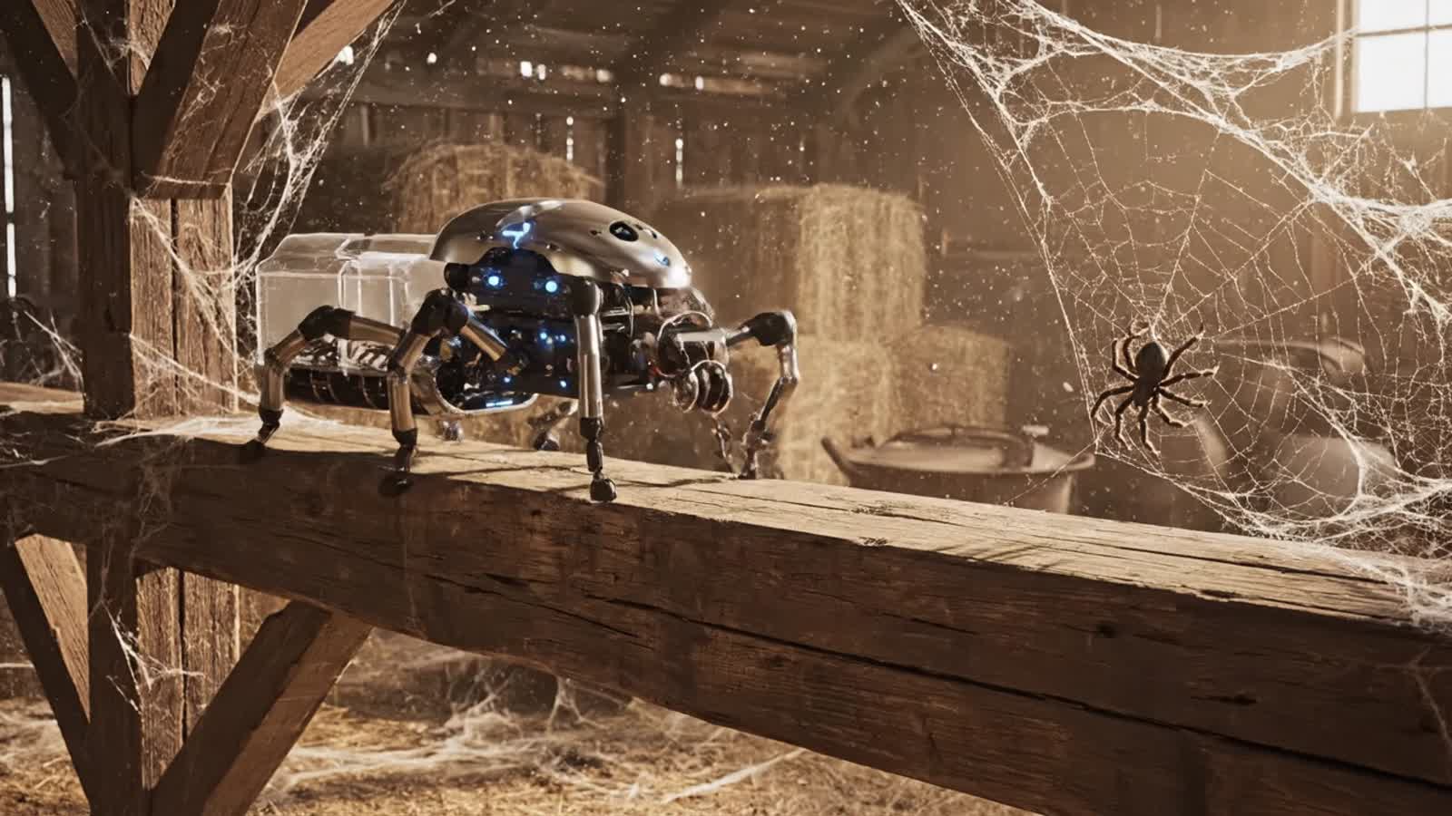 A robotic spider picker / harvester , that collects spiders, that looks like a spider, operating in a barn.
