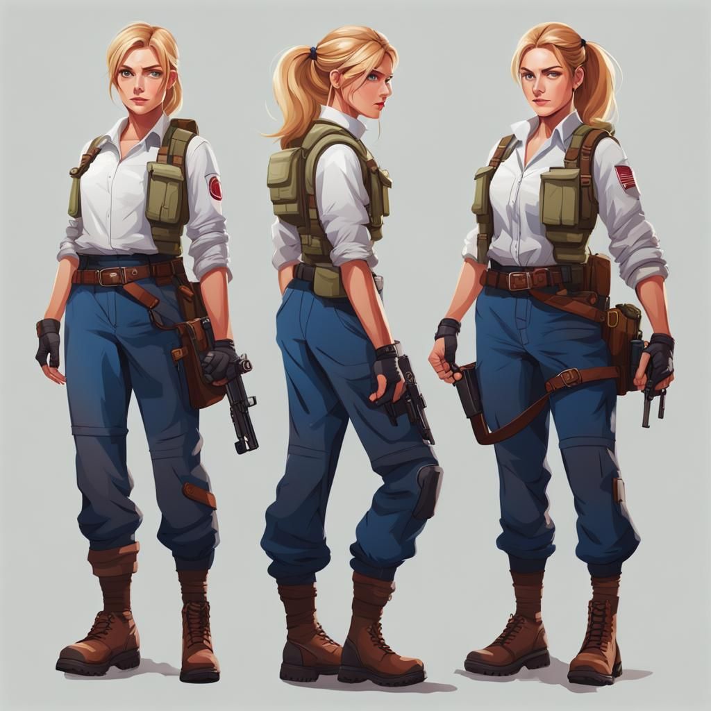 modern attractive plump blonde female mercenary, head-to-toe...
