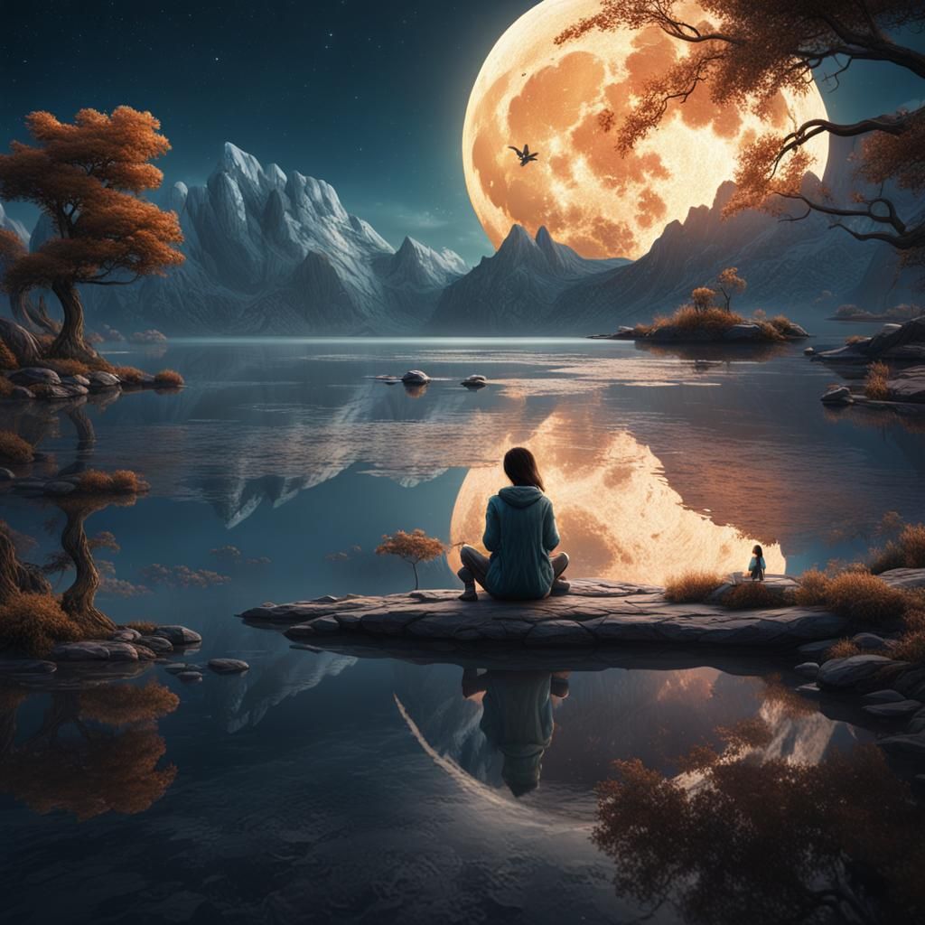 a moon above a lake, with a girl sitting on the water