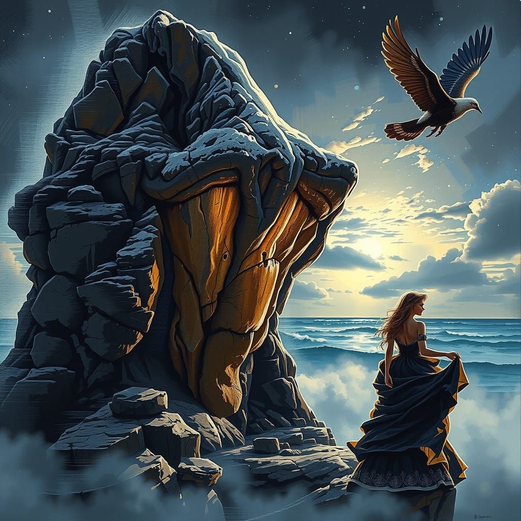 Elegant Woman Illuminated on Rocky Coast at Sunset