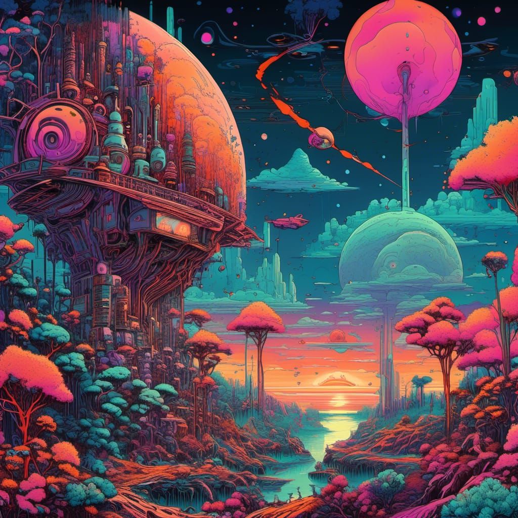 Cyberdelic retrofuturistic landscape, hallucinatory colors by Junko Mizuno, robotic charming creatures and weird plants. Balance between ghi...