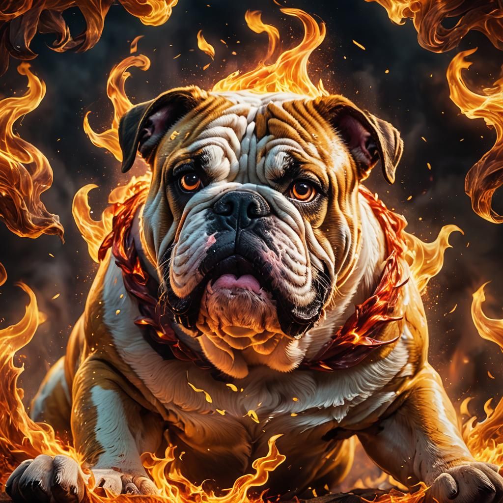 A "english bulldog beast" composed entirely of flames, "no f...
