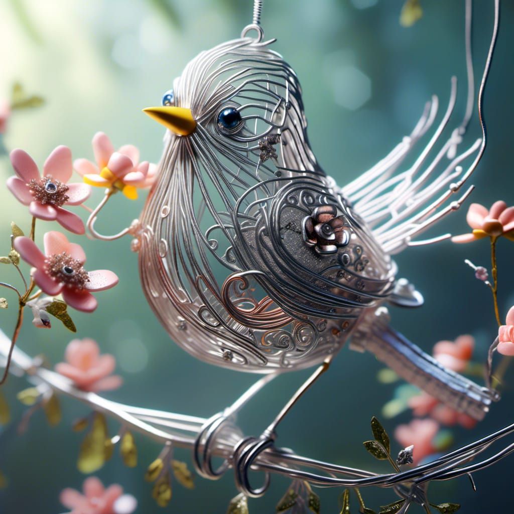 Insanely detailed hyper-realistic adorable beautiful bird made completely out of delicate silver metal wires, on a metal wire branch, surrou...