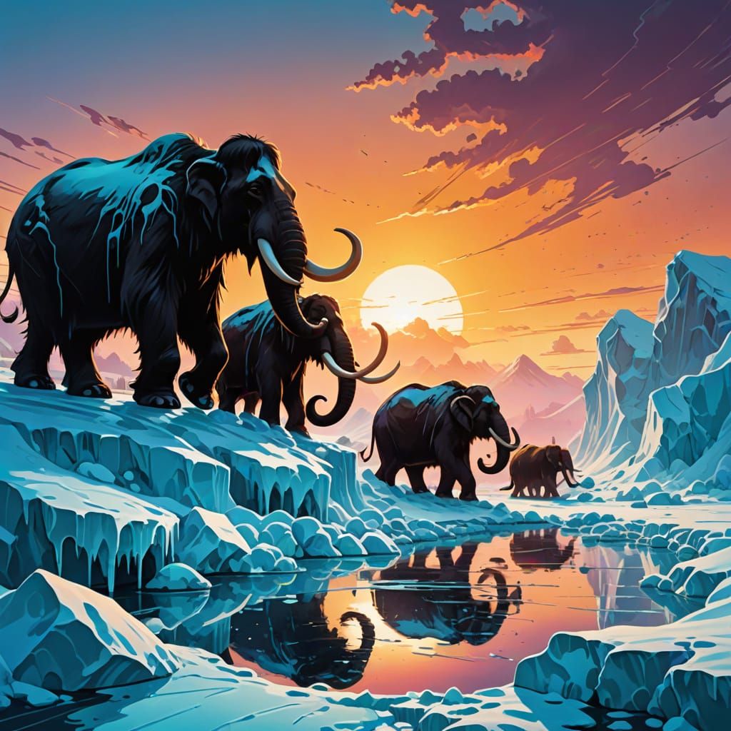 A silhouette of a herd of mammoths