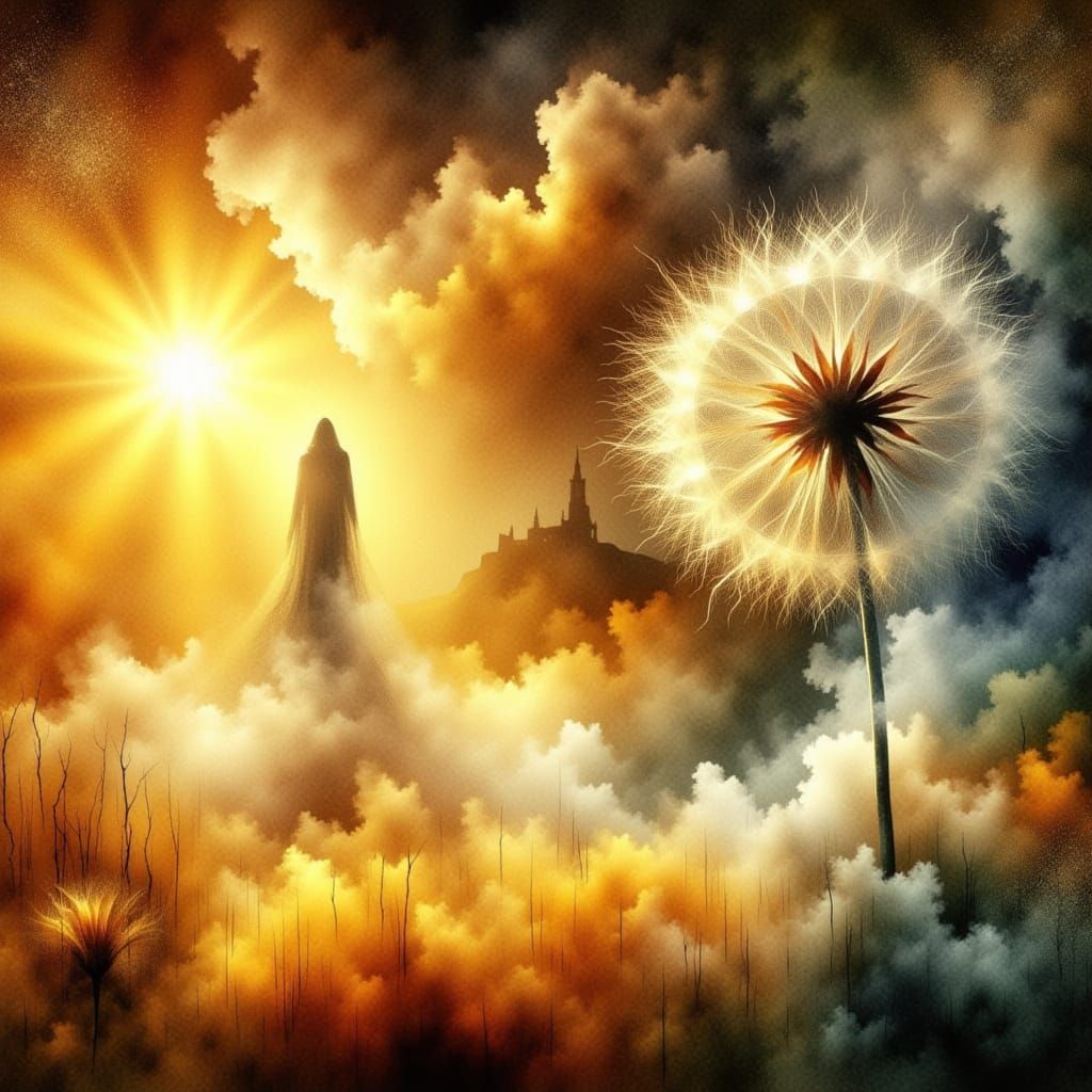 watercolor impressionism: a lonely silhouette in a long hooded cloak wanders in a (((spring landscape with fresh green and yellow hues trans...