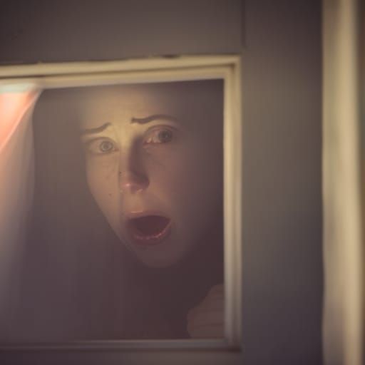 Terrified women, face glued to a window, photo taken from ou...
