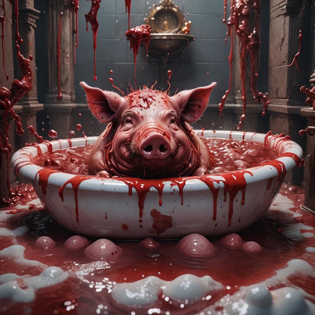 Death Metal pig farting in bloody bubbly bath water