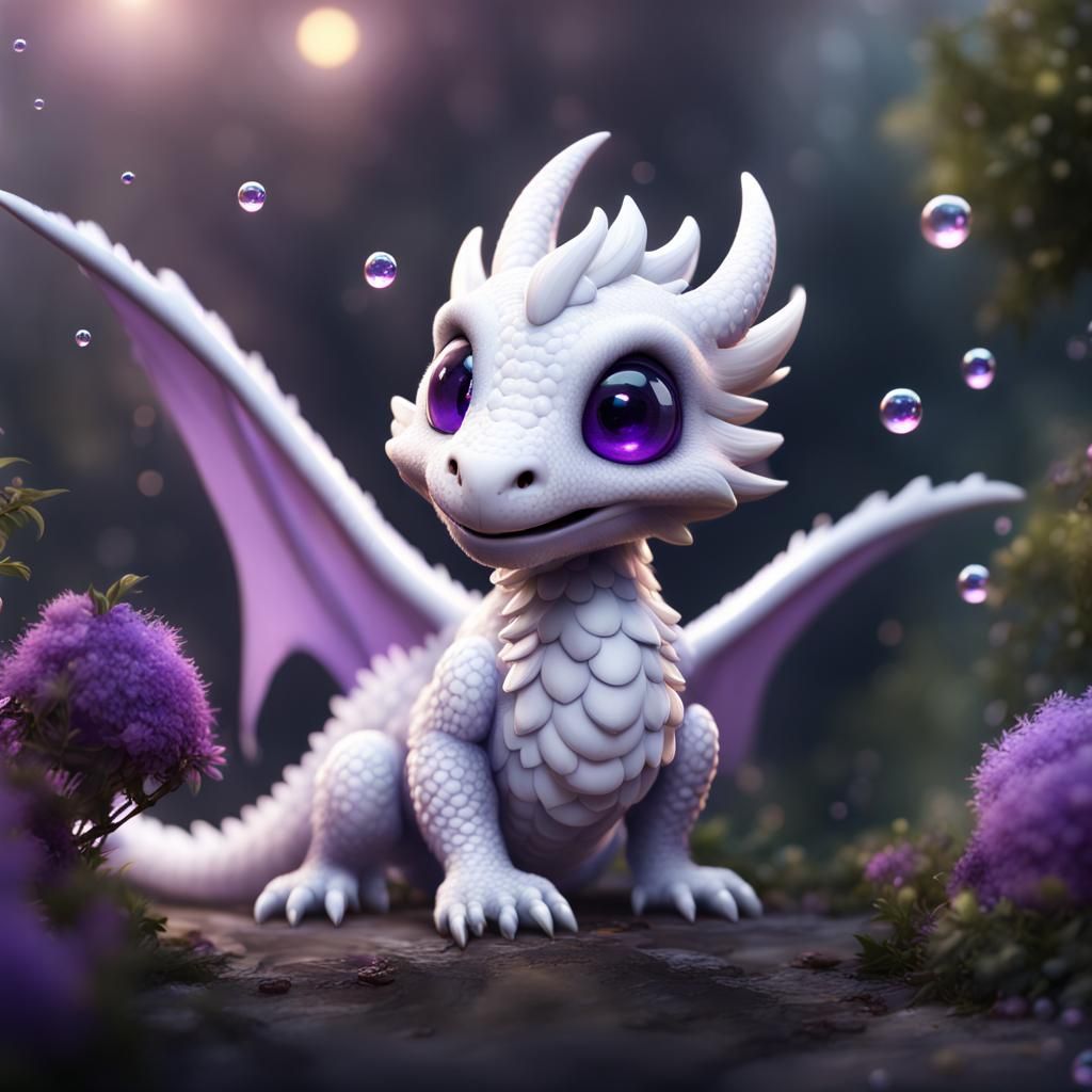 small cute friendly furry white dragon, bird wings, fluffy, smelling ...