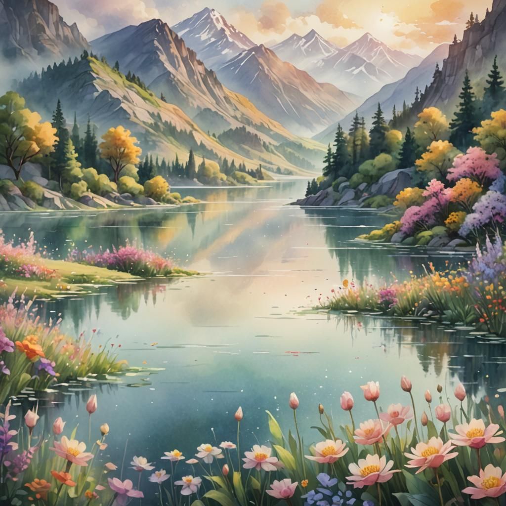 Beautiful landscape fill of flowers, watercolor, lake,  pastel  by @Hek