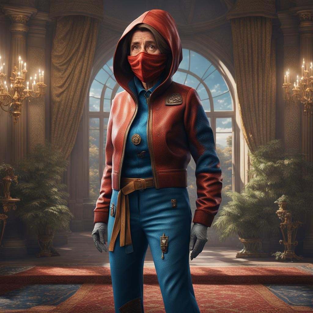 Nancy Pelosi with a pair of pants over her head.