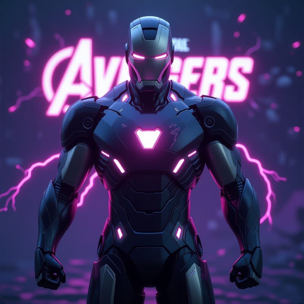 iron man, front view, very big size and muscular, in a dark space, pink electricity flowing on armor, arc reactor glowing, black and pink ac...