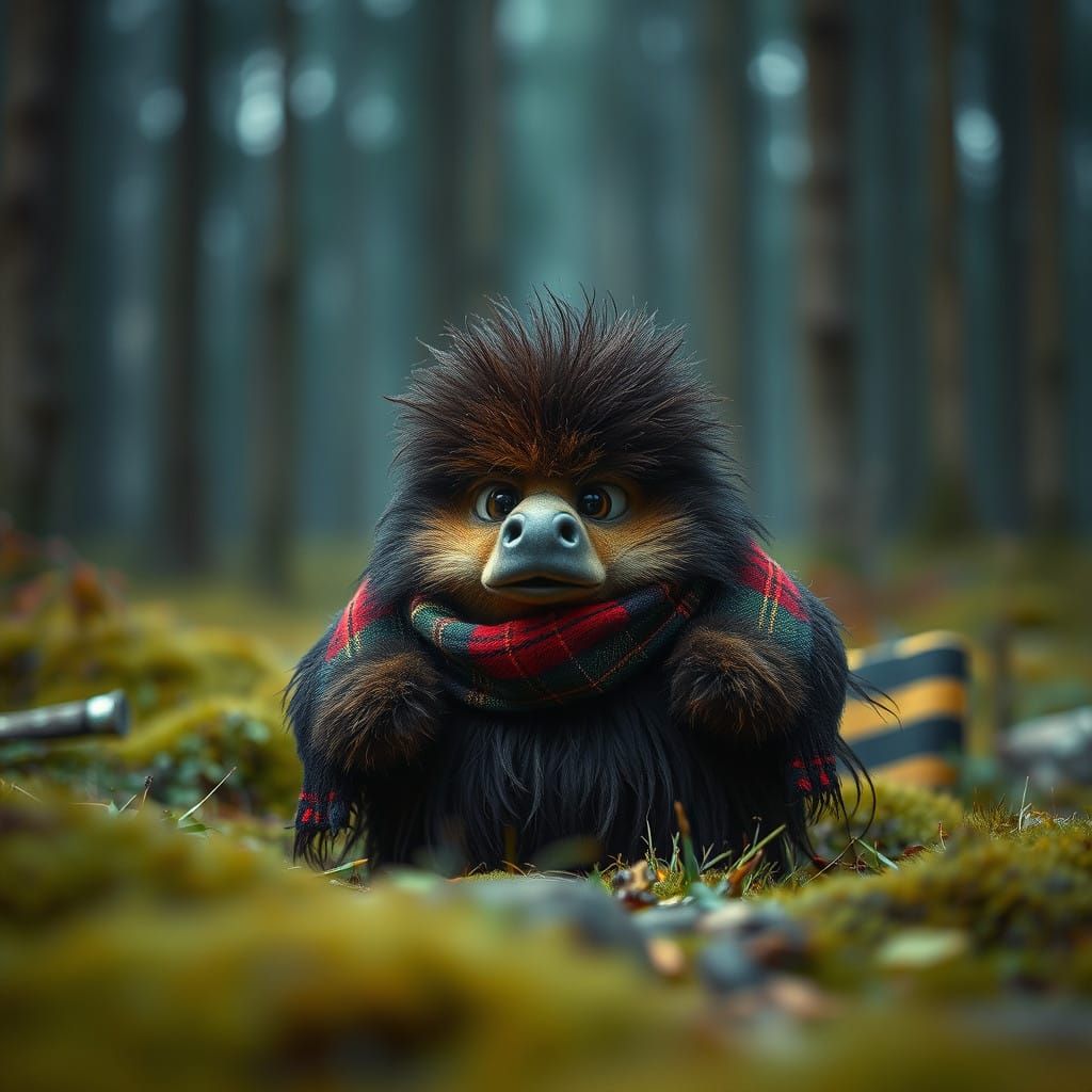 A furry haggis wearing a bit of the plaid in the forests of Scotland,   by @GeekWorldMinion