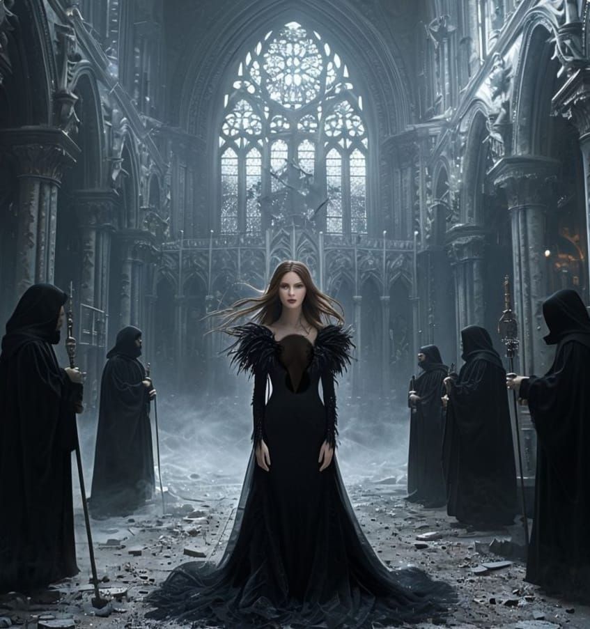 Gothic Woman in Cathedral with Spectral Figures