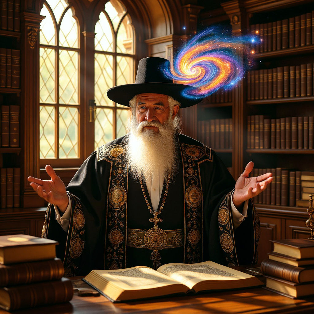 A wise old rabbi with a long white beard and traditional garb stands in a sunlit study filled with ancient texts, but his beard is made of s...