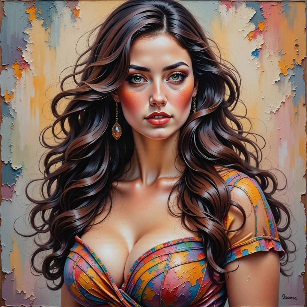 <lora:Pretty Portraits:1.0> beautiful lady curvy woman female she is gorgeous and attractive, oil neo-impressionism expressionist style oil...