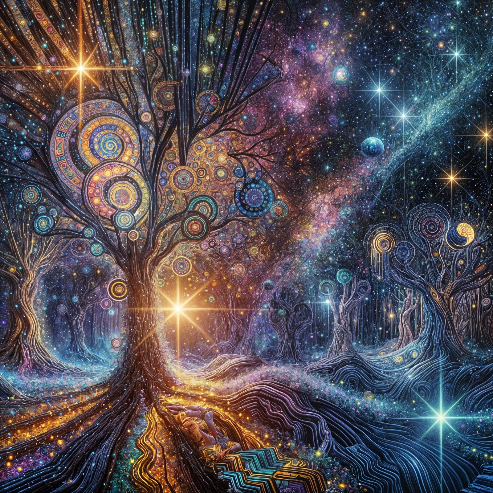 Magic mushroom hallucinating experience while communing with the Universe highly detailed neon Aztec designs swimming st...