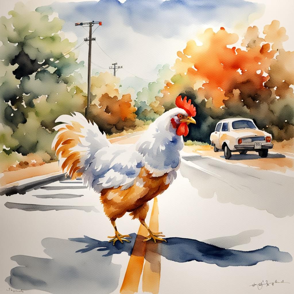 Watercolor, White and orange chicken crossing the road