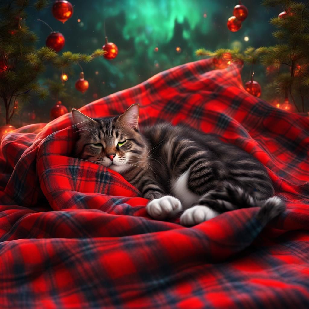 3D Full body cat sleeping in a red plaid . Under a warm plaid sheet. At night.on a bed Colorful Background. ...  by @Kathy A Lindsey