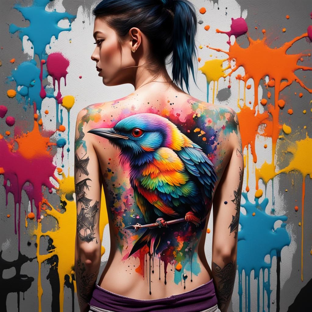A beautiful woman with a brightly coloured bird tattoo on her back   by @Red