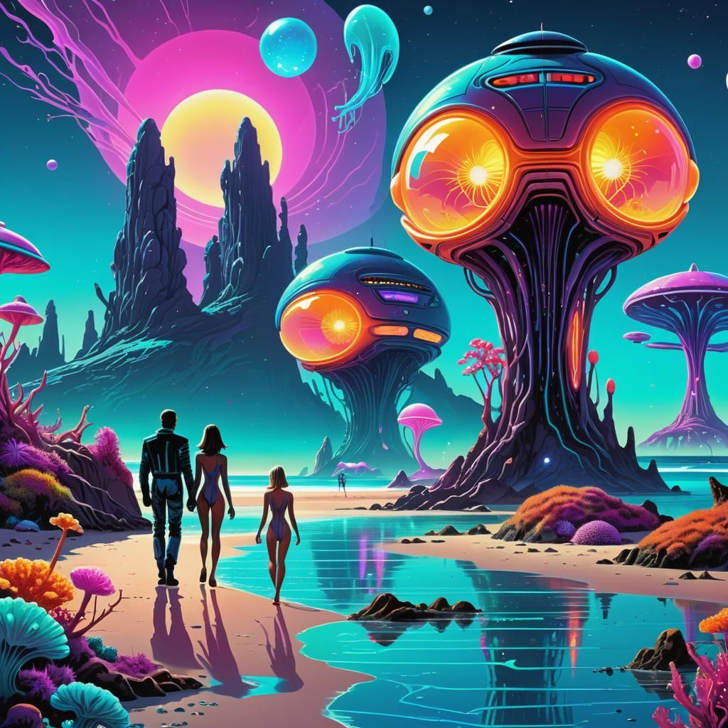 classic seaside destination on distant planet far a way with bioluminescent fauna, crystalline structures ...  by @LilacVenom