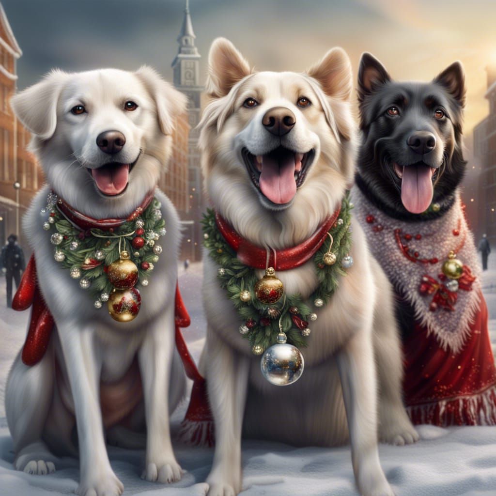 Dogs in a Christmas decorated city.