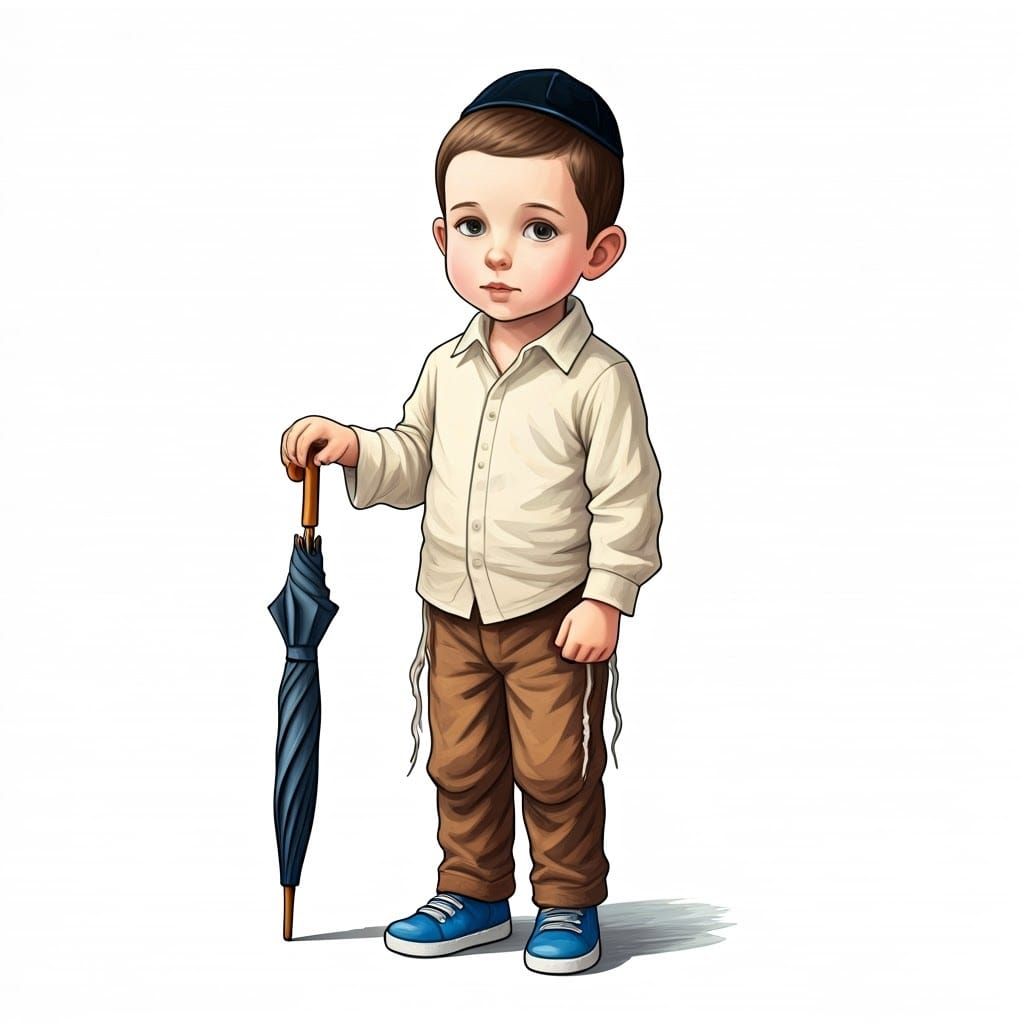 Youthful Hasidic Boy with Umbrella in Dreamy Pencil Art