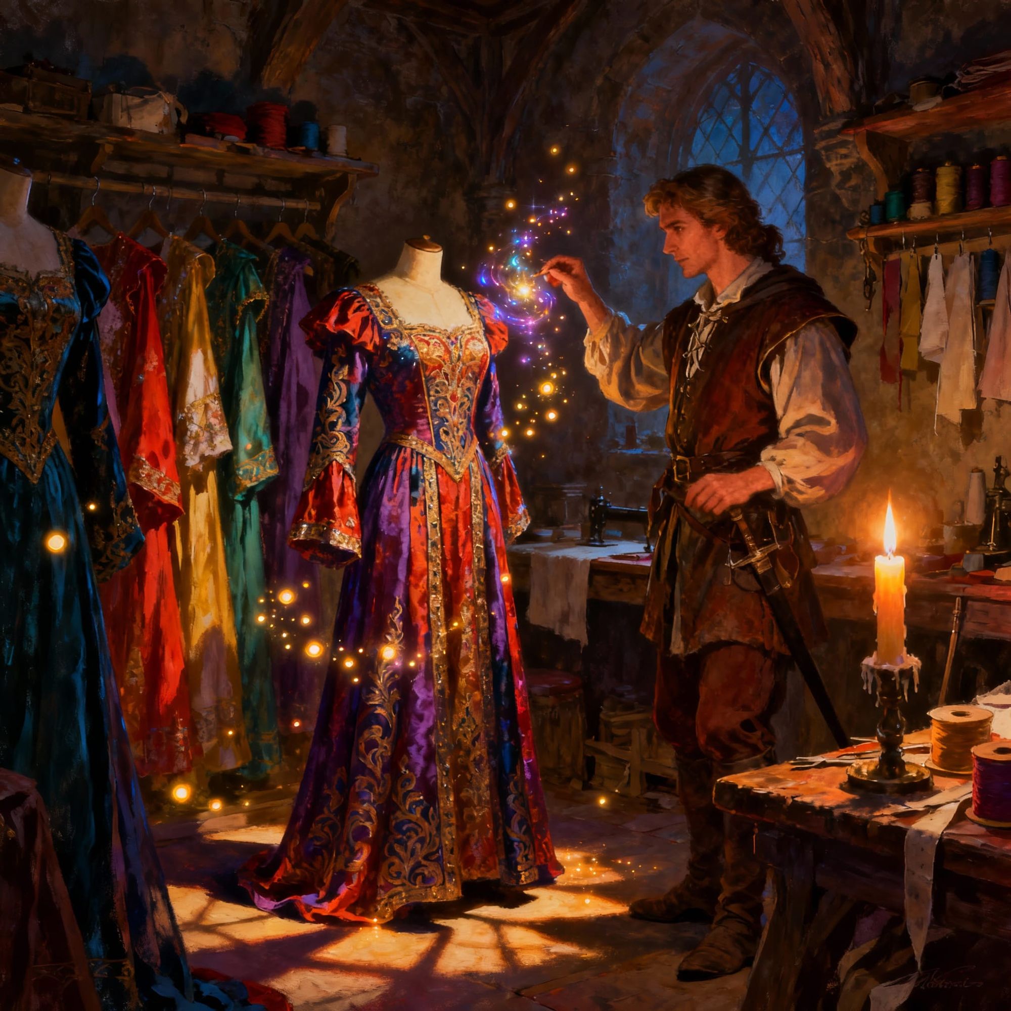 A tailor who uses magical spells in their shop to create elegant and intricate  medieval tunics and robes for middle class and higher societ...