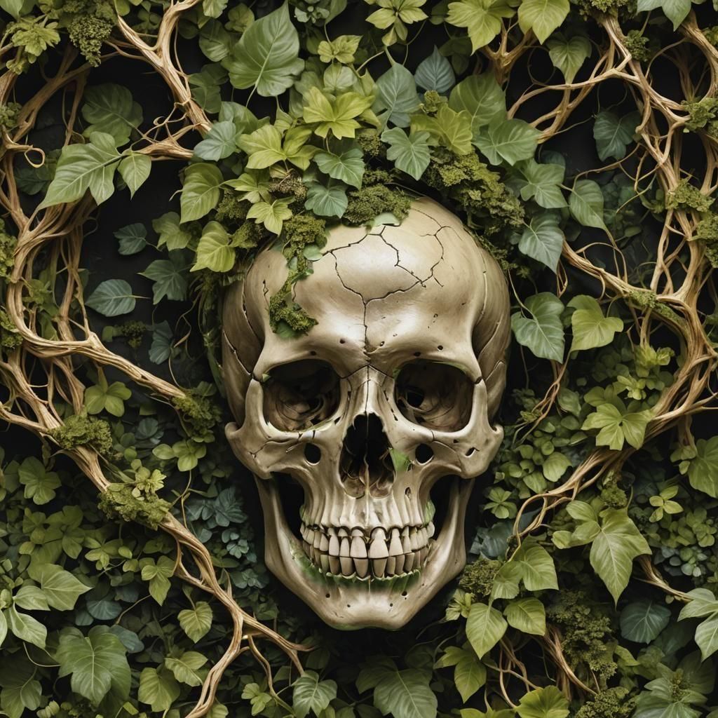Excellent 3D rendering of surreal, hyper-realistic scull seamlessly intertwined with lush green foliage, showcasing a blend of organic and s...