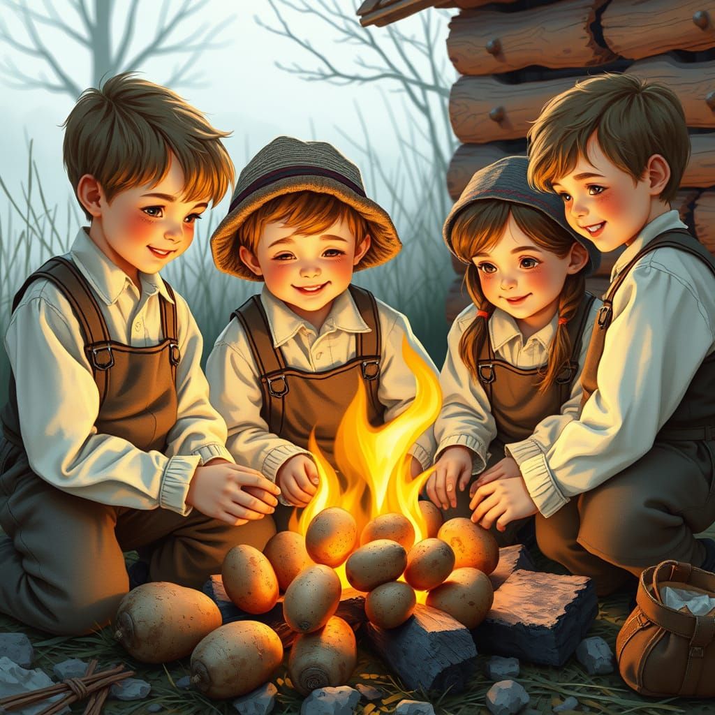 Rural Youngsters Gather Around a Cozy Campfire