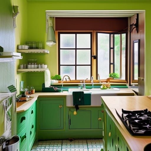 inside of a kitchen, modern country kitchen with frog decora...
