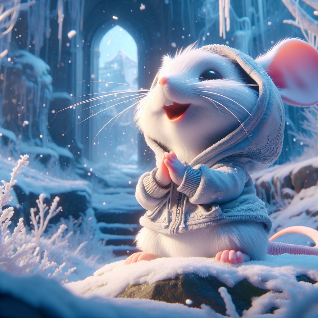 Mouse in Hoodie Clapping in Snowy Landscape