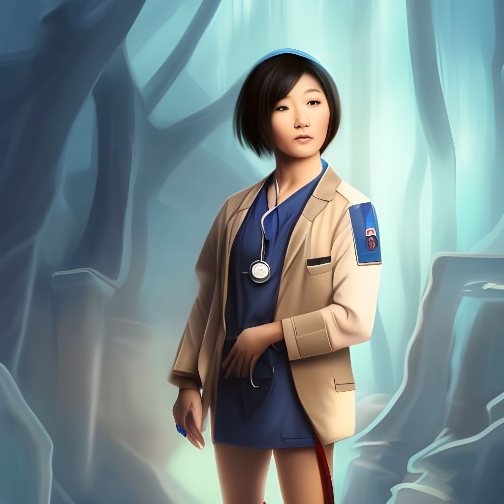 Nurse with Asian skin. short page-boy style dark hair and hazel eyes