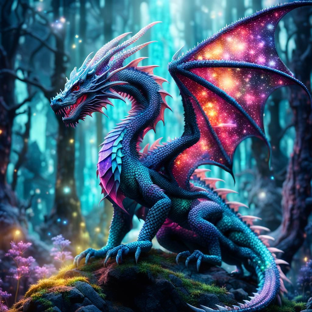 A crystal detailed beautiful colorful glowing dragon standin...