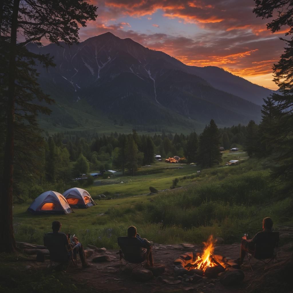A serenely majestic sunset cascades over a lush valley, casting warm hues upon campfires flickering in the twilight. Cam...
