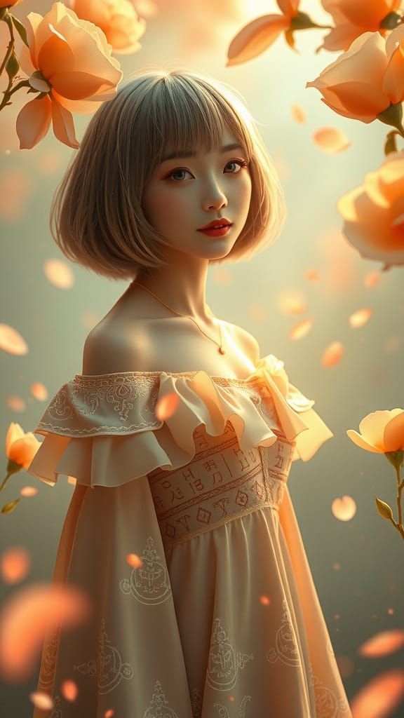 Ethereal Spirit Maiden in Dreamy Peach Garden