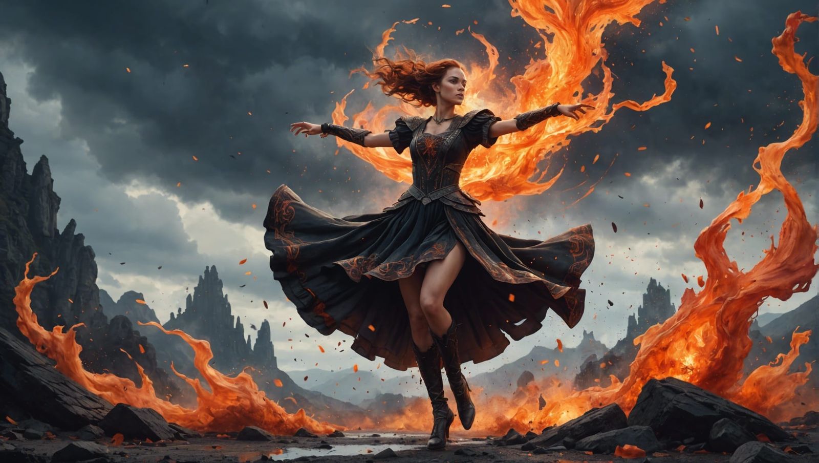 Epic female dancing in the skyes splashes of dye ground is b...