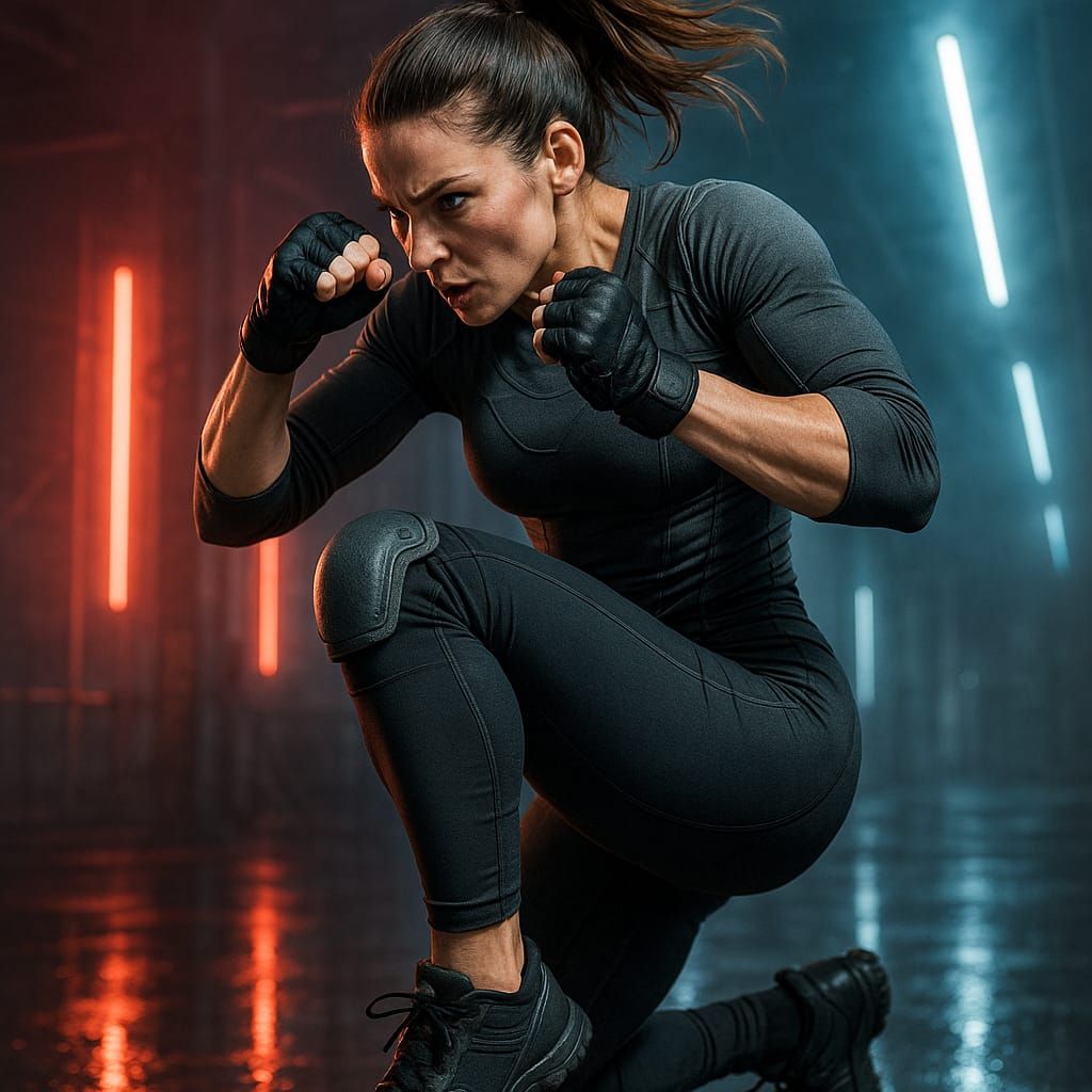 Female Krav Maga fighter bursts forward in a driving elbow +...