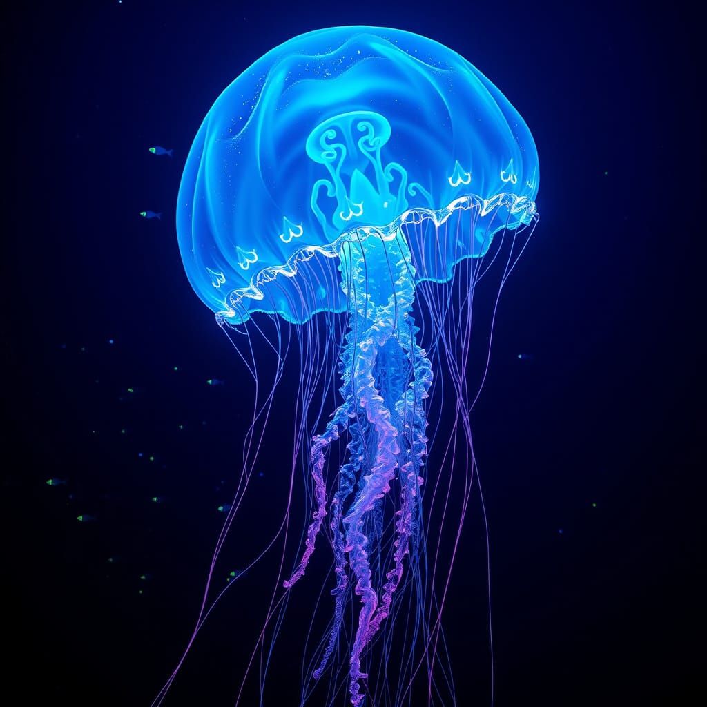 A bioluminescent jellyfish floats gracefully through the deep ocean, its tentacles trailing behind it ...  by @Go Chargers and Angels