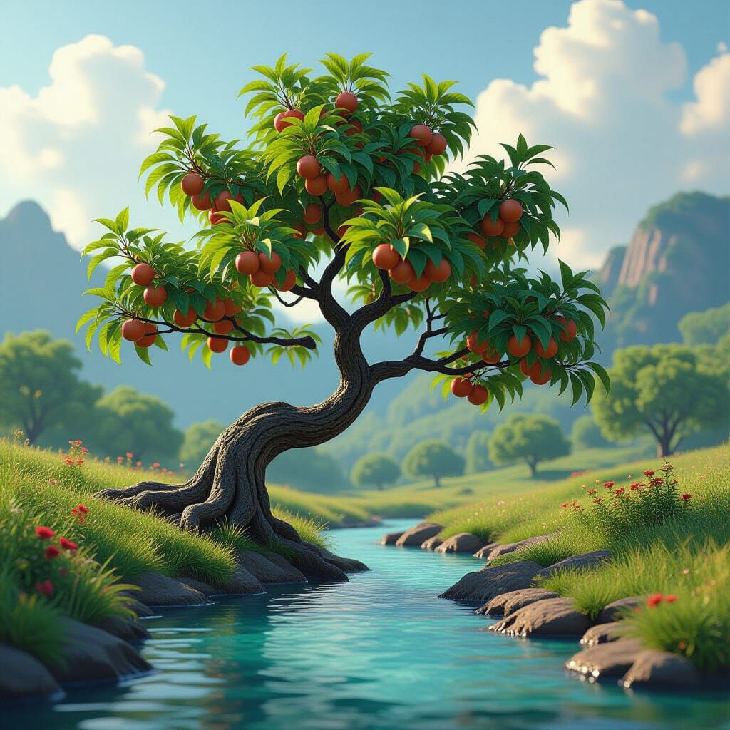 Majestic Tree by Stream in Photorealistic Style
