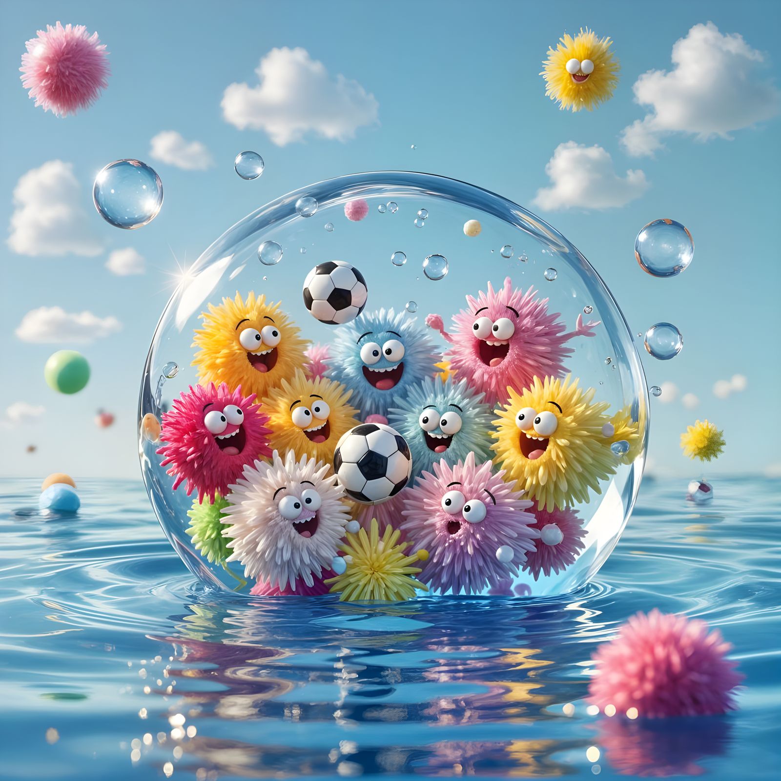 Silly, round microbes resembling fuzzy pom-poms are engaged in a chaotic game of microscopic soccer within ...  by @MARIUS CHIVU