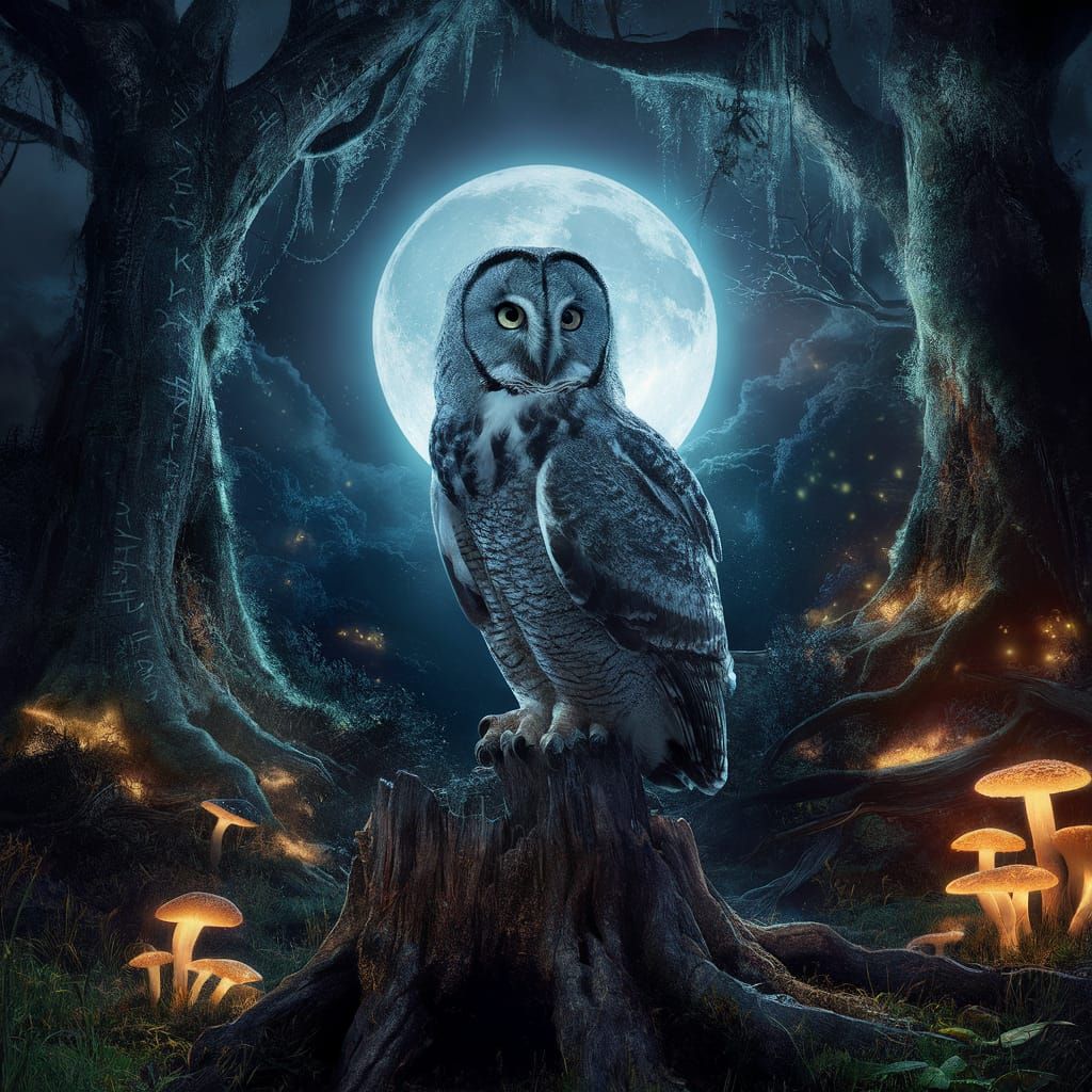 A Great Gray Owl sitting on a stump in the forest at night. ...