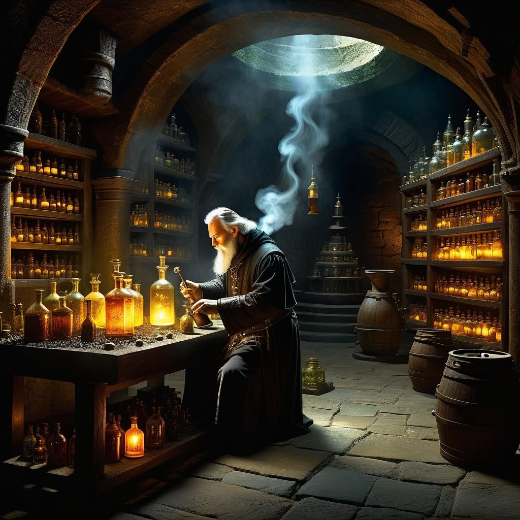 Imaginative depiction of an alchemist at work in a hidden me...