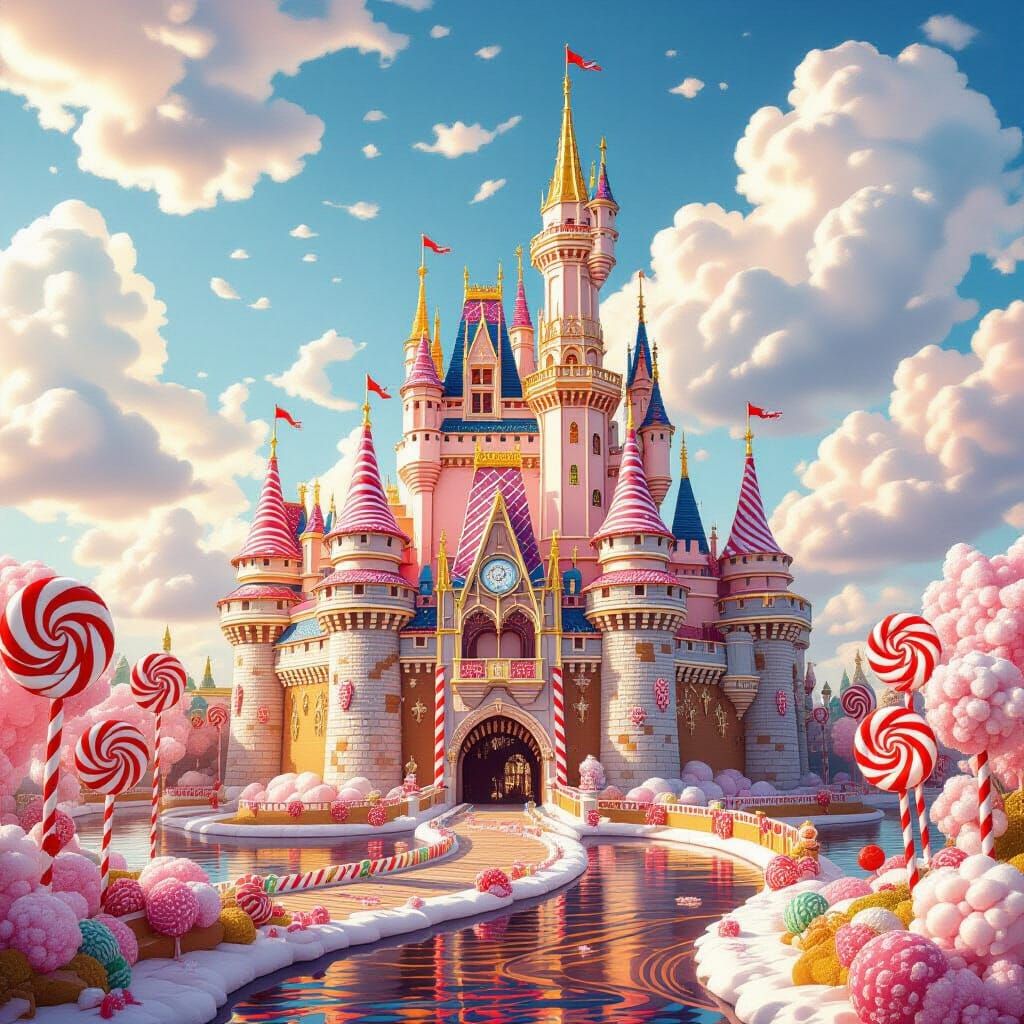 A majestic castle constructed entirely from gingerbread and peppermint sticks, with candy cane turrets ...  by @Hani1