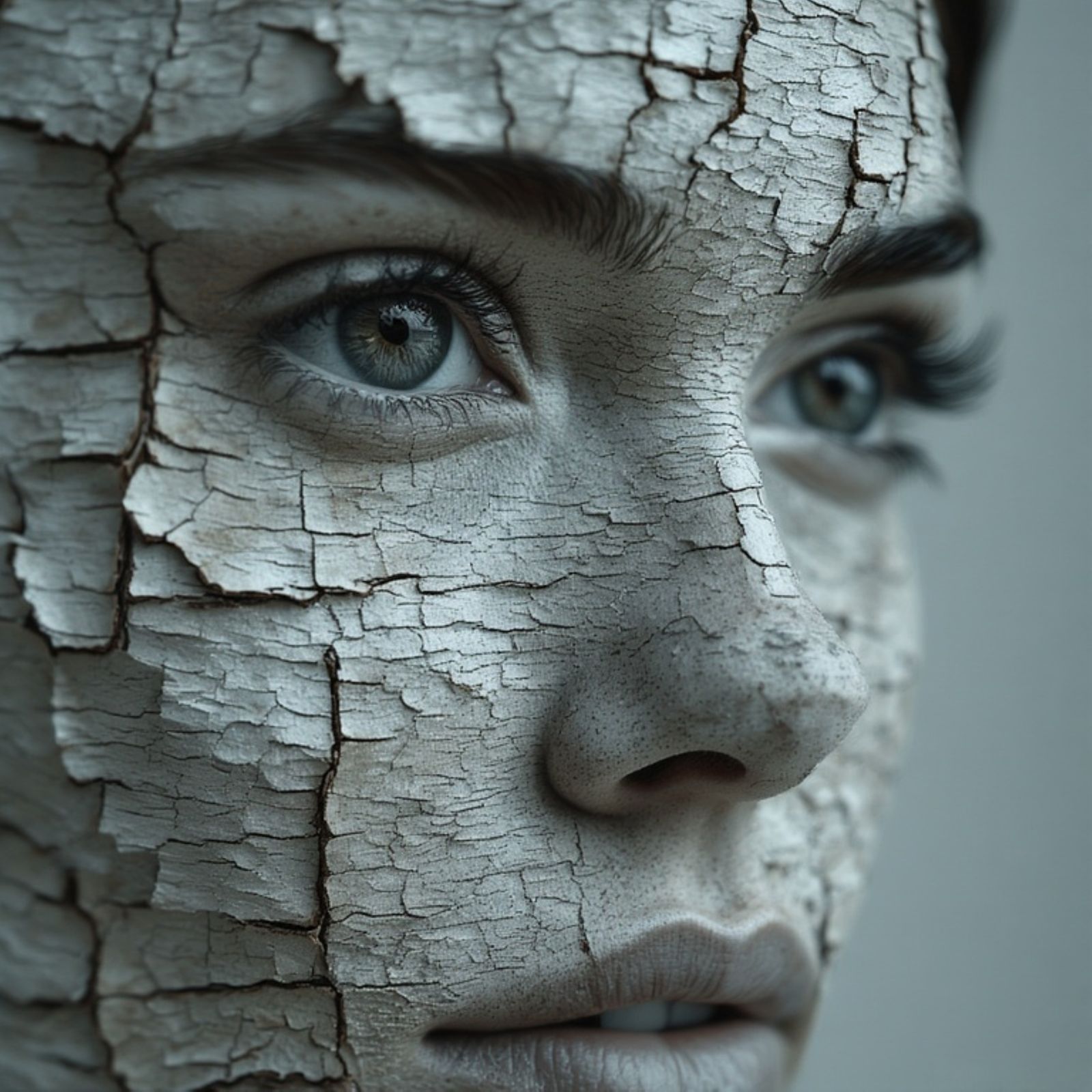 A collage portrait of a woman's face