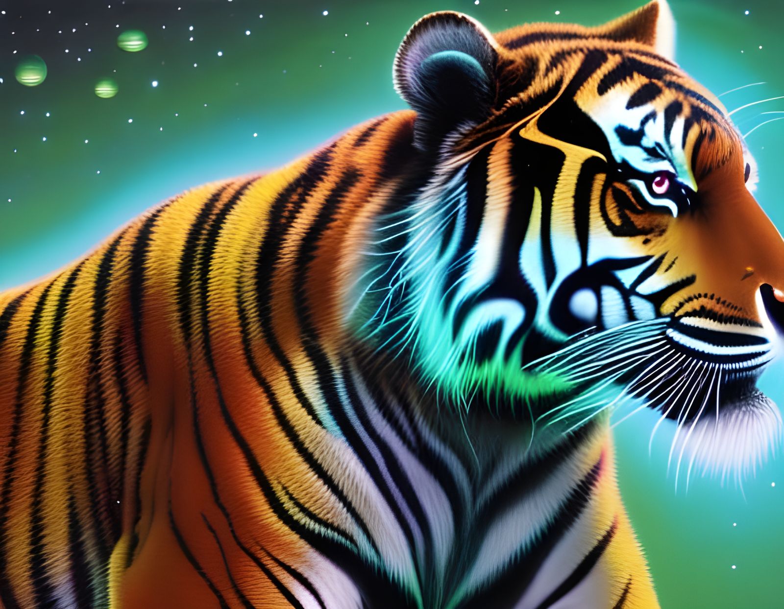 bioluminescent tiger in  outer space, iridescent colors, ela...