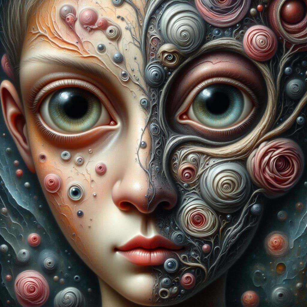 <lora:-Distorted Whimsy-:1.0>  Hyper-detailed surreal portrait ▪ fractured face ▪ one side glowing with warm, suffocating love ▪ other side ...