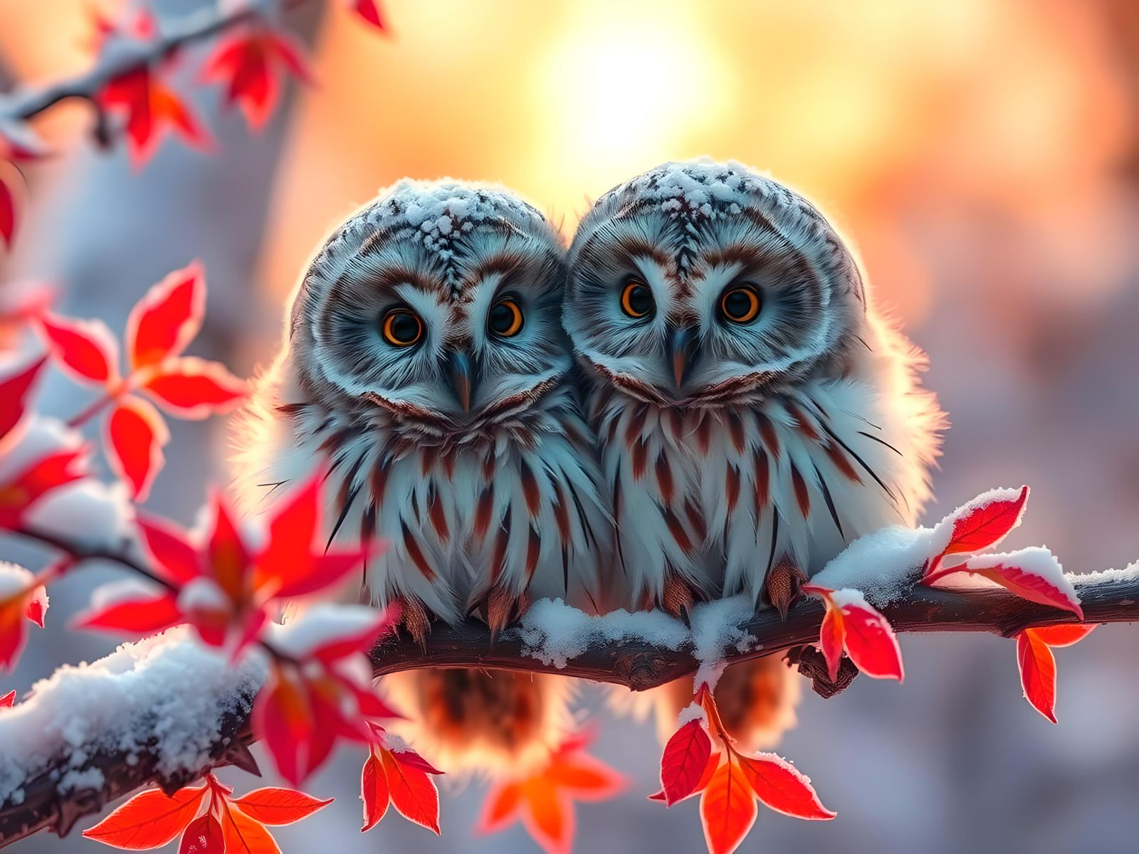 two cute owls huddling together in the snow  by @Lolof