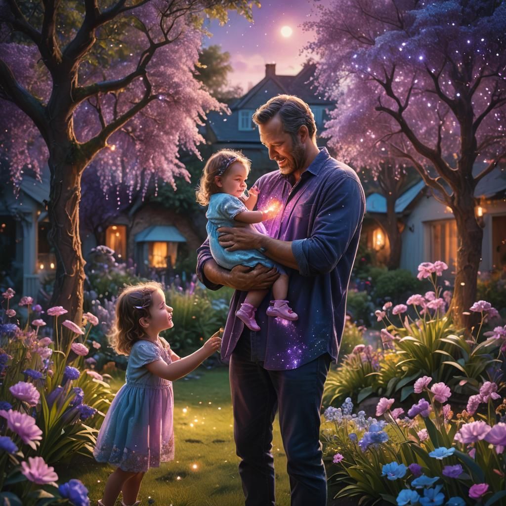A father playing with his daughters in the garden and holding a newborn baby. Luminescent glowing glitter. ...  by @Ylona